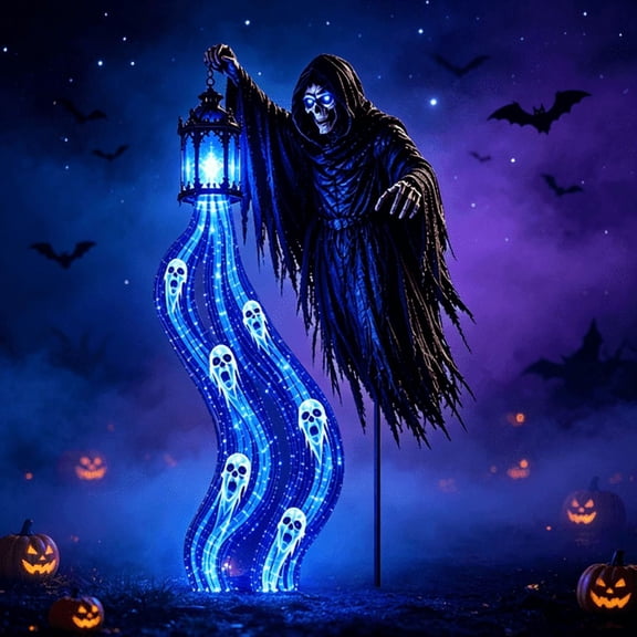 Clearance!Halloween Soul Harvester Animated Garden Light – Solar Powered Flowing Ghost Lantern with Rising Reaper Effect, Outdoor Ground Stake Haunted Yard Decor for Party