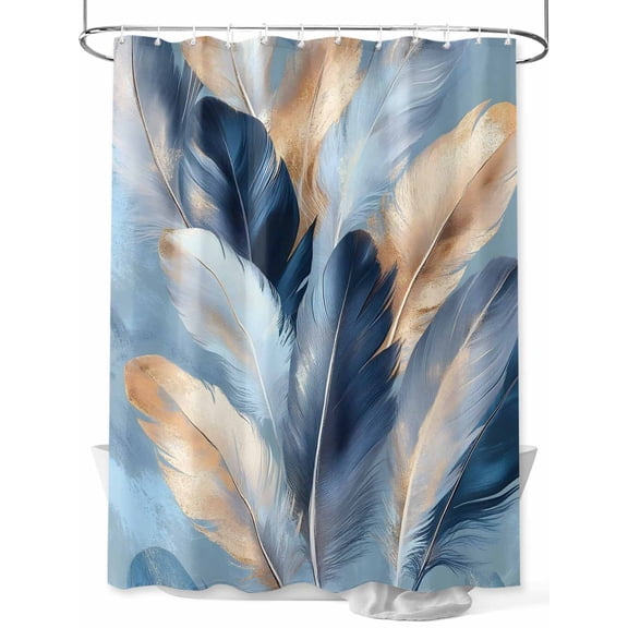 Gold Navy Feather Shower Curtain, Oil Painting Simple Blue Style Abstract Waterproof Shower Curtain Set with 12 Hooks Lightweight Washable Fabric Shower Curtains for Bathroom 60x72 Inches