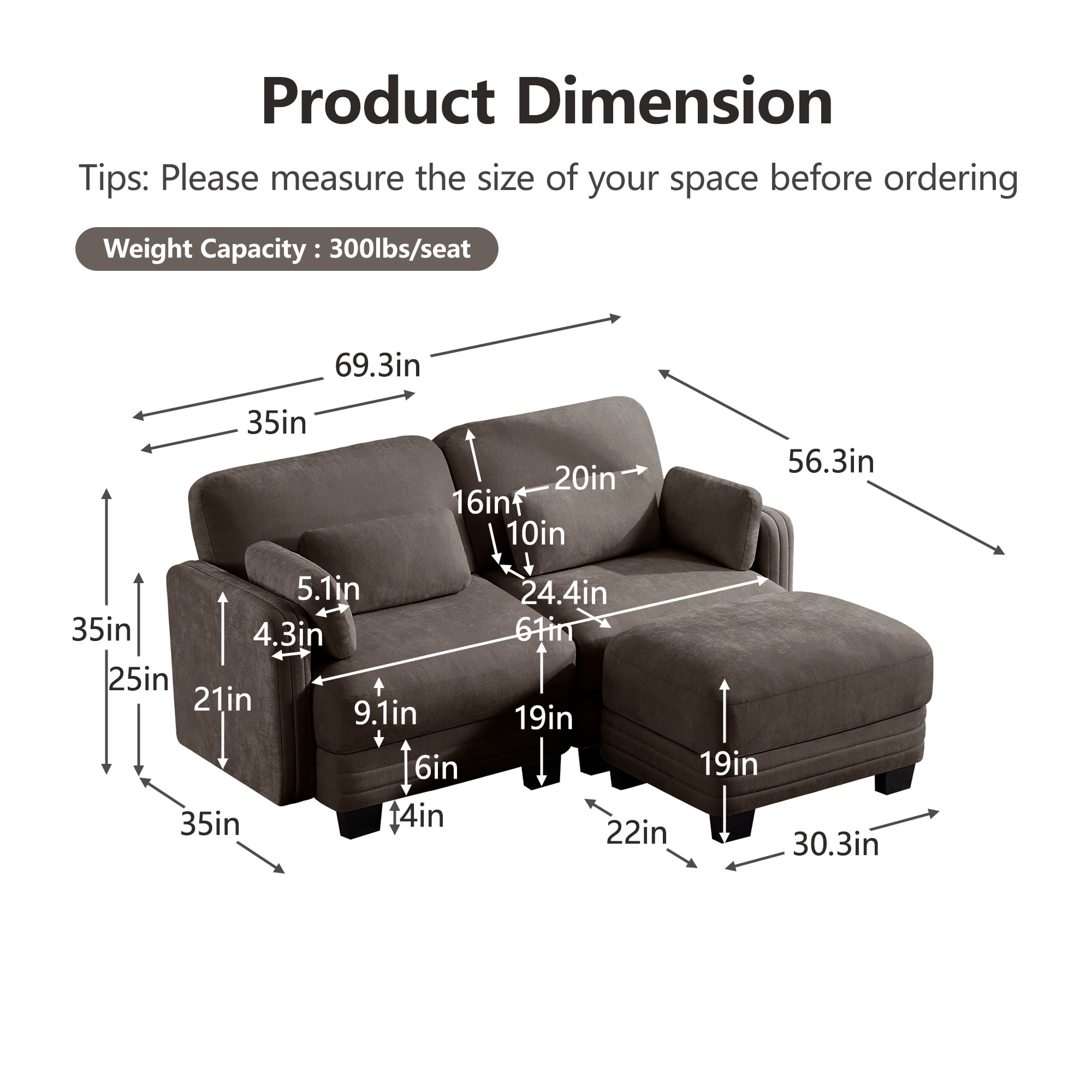 70" Modern Modular 2 Seater Loveseat Sofa Couch with 1 Ottoman and 4 Pillows