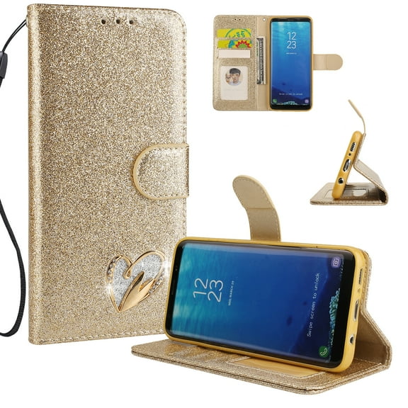 Galaxy S8 Plus Case Wallet, Samsung Galaxy S8 Plus Case, Allytech Glitter Folio Kickstand with Wristlet Lanyard Shiny Sparkle Luxury Bling Card Slots Slim Cover for Samsung Galaxy S8 Plus (Gold)