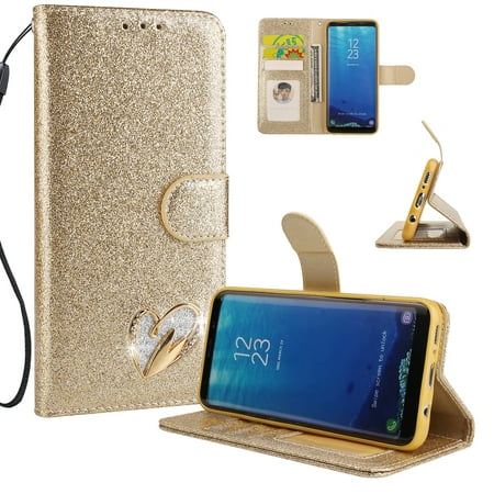 Galaxy S8 Case Wallet, Samsung Galaxy S8 Case, Allytech Glitter Folio Kickstand with Wristlet Lanyard Shiny Sparkle Luxury Bling Card Slots Slim Cover for Samsung Galaxy S8 (Gold)