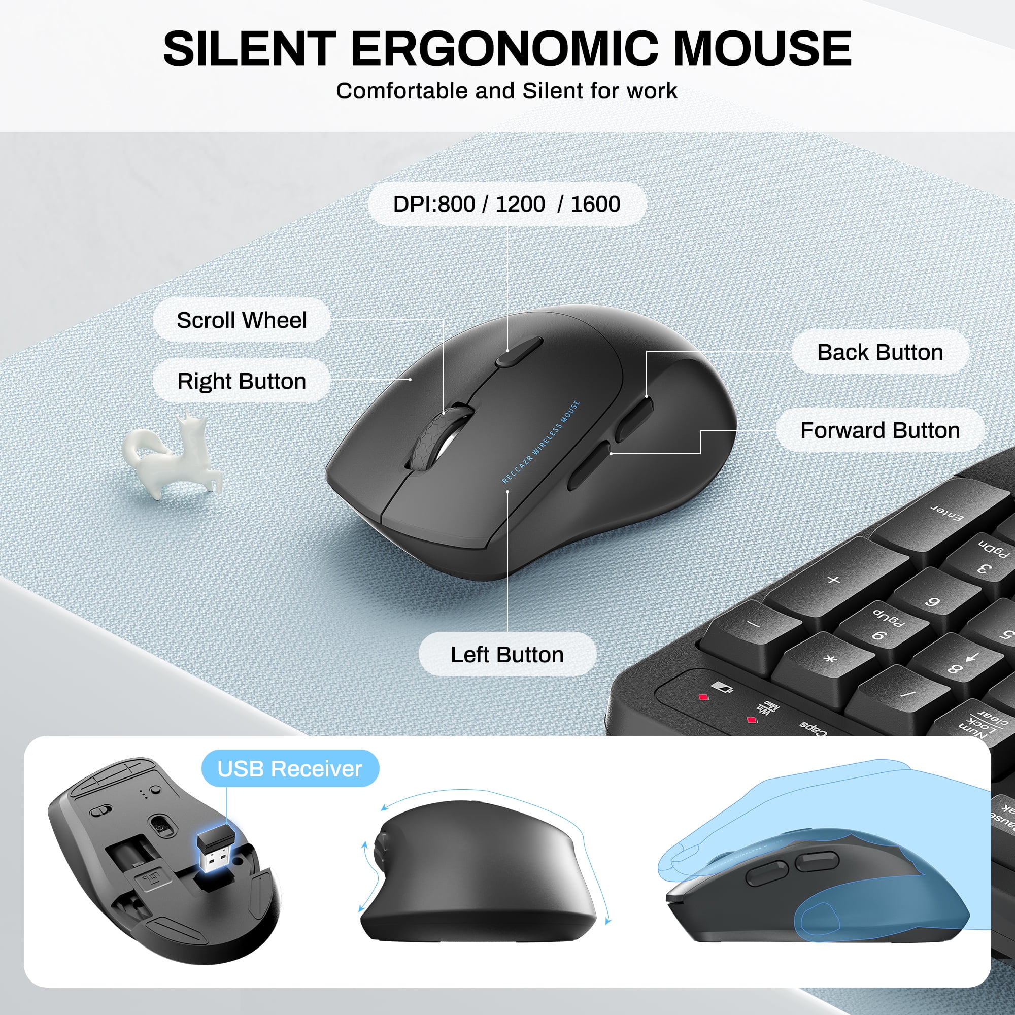 Wireless Keyboard and Mouse Combo, 2.4G Full Size Wave Keys Ergonomic Keyboard with Wrist Rest and 3-Level DPI Adjustable Wireless Ergonomic Mouse for Windows, Mac OS Desktop/Laptop/PC(Grey)