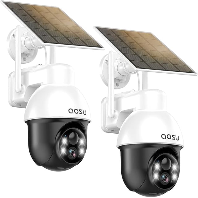 Cámara de seguridad AOSU Solar Outdoor 2K con vista de 360°, paquete de 2