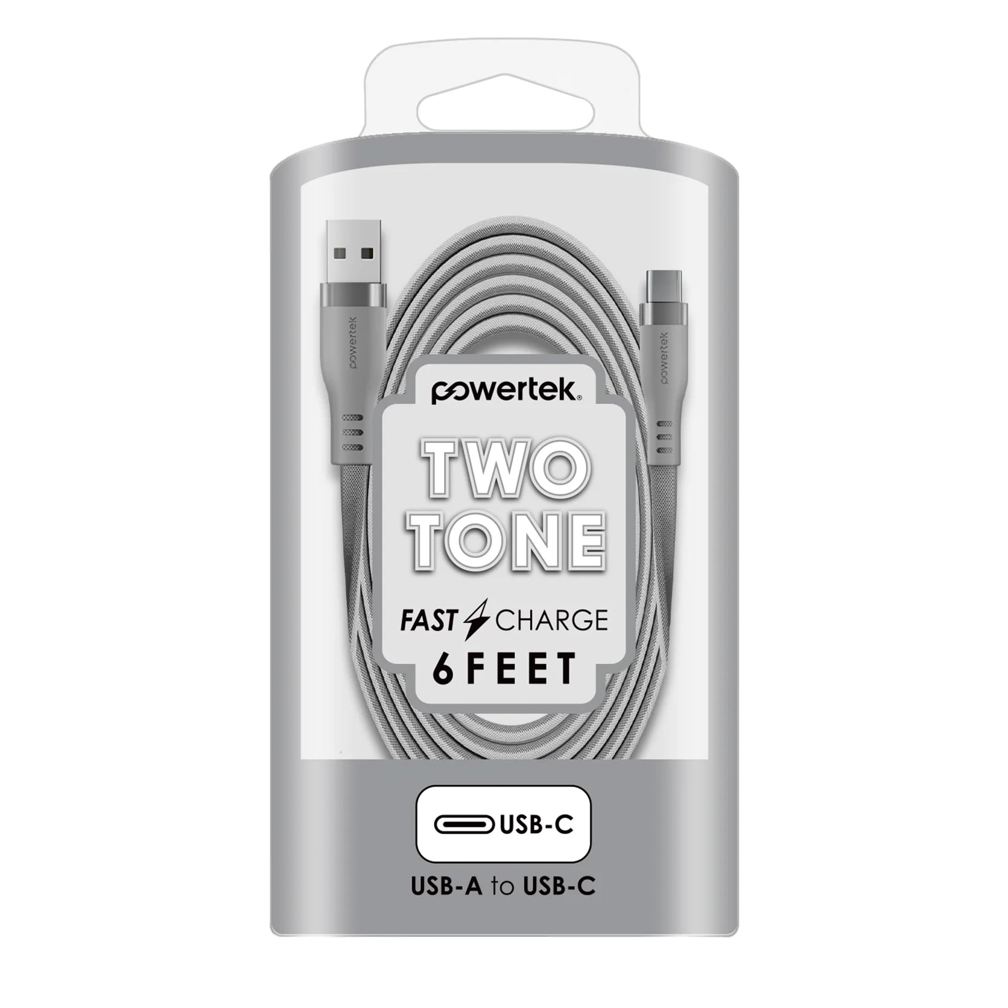 Powertek USB-A to USB-C Two-Tone Pastel Fast Charge Cable, 6 ft, Grey