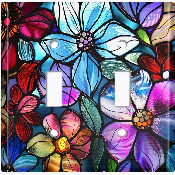 Metal Light Switch Wall Plate Outlet Cover (Printed Image of Colorful Stained Glass Floral Pattern - Double Toggle)