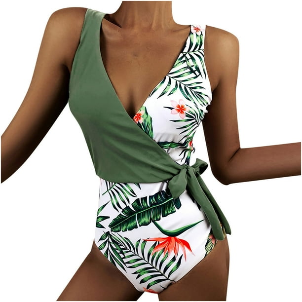 Traje de baño conservador con estampado de hojas de vendaje de una sola pieza con escote en V profundo para mujer informal a la moda Fridja nalpqowj53076