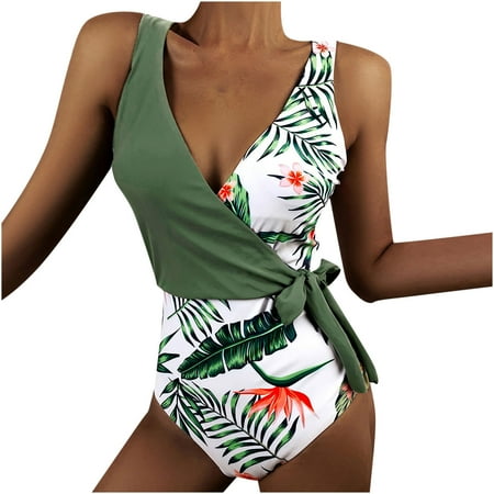 

COBKK Womens Swimsuits Plus Size Bikinis Tops Fashion Casual Women s Deep V One-Pice Bandage Leaf Print Conservative Swimsuit Strapless Swimsuits For Women Dressy Casual Swimsuits Green S