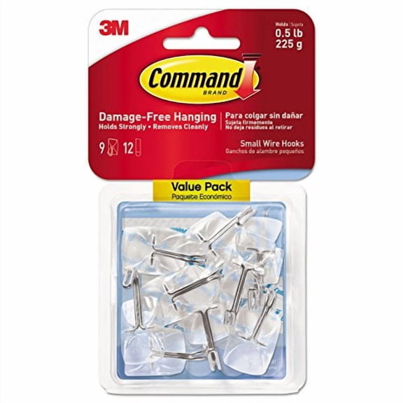 Command 3M 17067Clr9es Clear Hooks & Strips, Plastic/Wire, Small, 9 Hooks W/12 Adhesive Strips/Pack