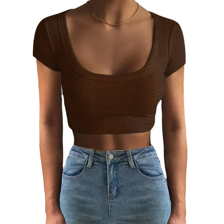 Vigorbear Womens Short Sleeve Tops Solid Slim Fitted T Shirts Basic Summer  Bodycon Crop Top Tees Streetwear
