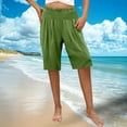 thumbnail image 6 of BXINGOHAI Women's Linen Bermuda Shorts Cotton High Waist Wide Leg Summer Drawstring Mid Length Shorts with Pockets Green L, 6 of 7