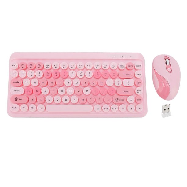 2.4GHz Wireless Keyboard and Mouse Set with Retro Round Keys for Home, Pink