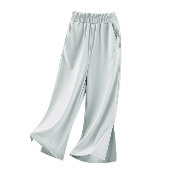 LIIPEE Girls Boys Casual Pants Summer Comfort Solid Color Stretch Elastic Waist Straight Wide Leg Pants With Pockets Child Trendy Picnics Pants,Grey,3-4 Years