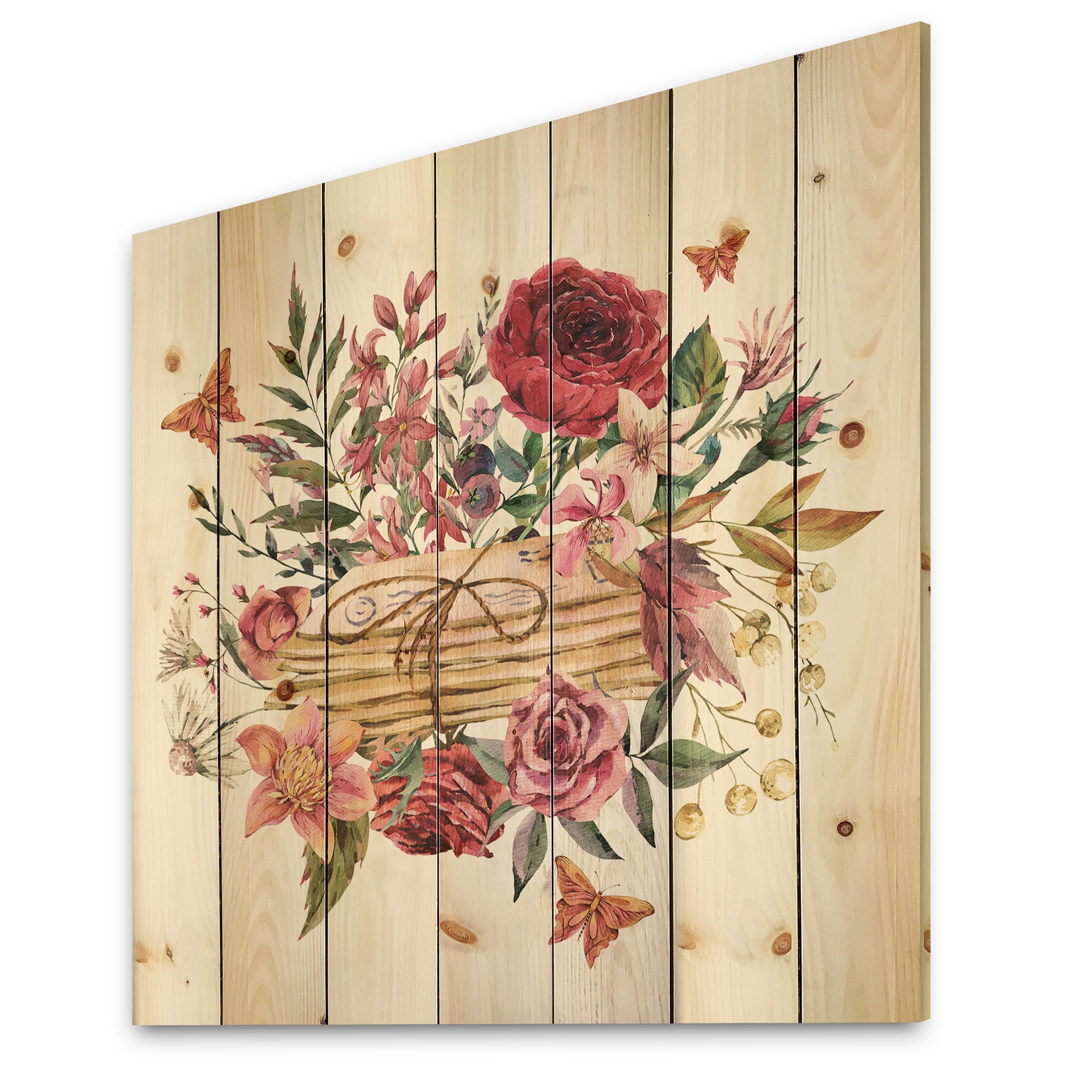 Designart 'Wildflowers With Vintage Old Letters' Farmhouse Print on Natural Pine Wood