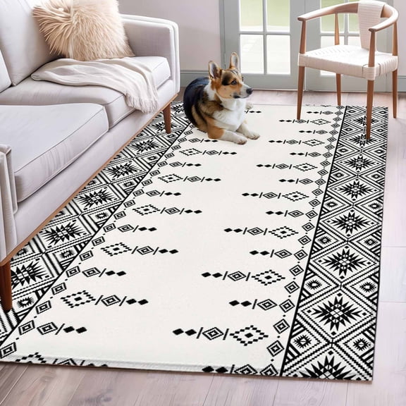 Area Rugs 2.7'x5', Black White Boho Carpet for Living Room Bedroom Dining Room, Vintage Ethnic Tribe Abstract Art Retro Throw Kitchen Rugs Non Slip Washable Rectangle Indoor Outdoor Rugs