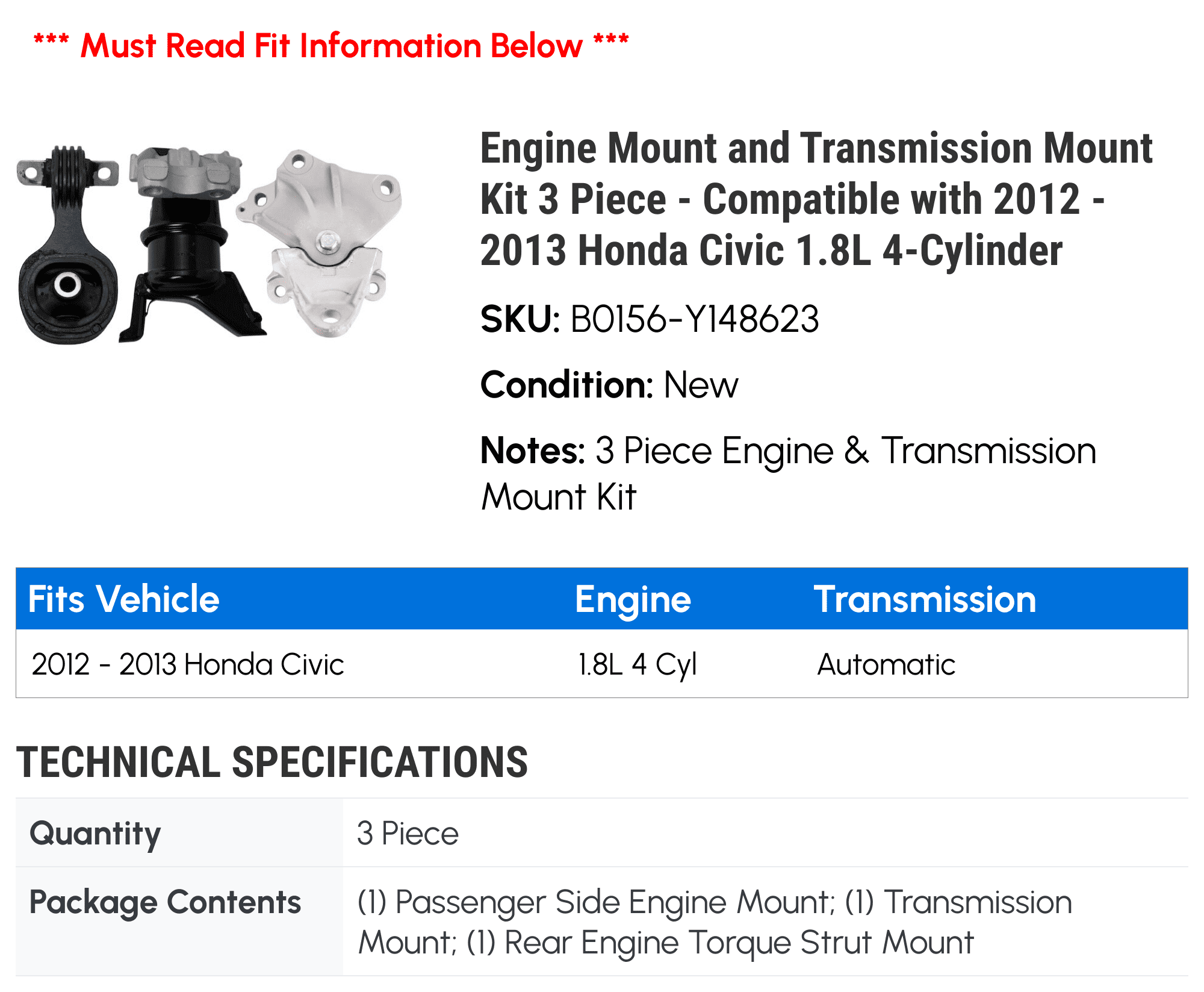 Engine Mount and Transmission Mount Kit 3 Piece - Compatible with 2012 - 2013 Honda Civic 1.8L 4-Cylinder