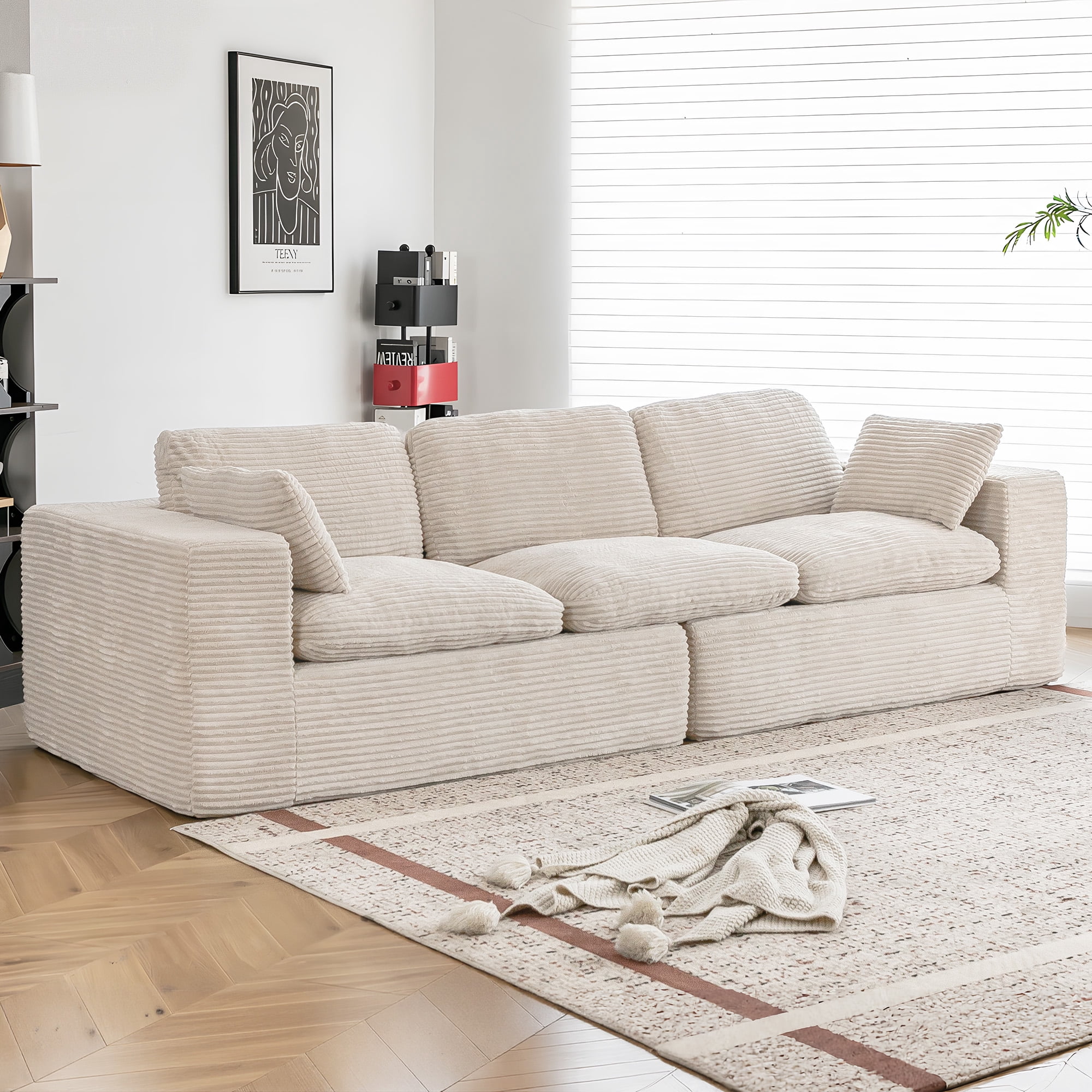 YODOLLA 110" Oversized Boneless Couch for Living Room,Cloud Sectional Sofa with Fluffy Corduroy Seat Cushions, 3 Seater Upholstered Floor Sofa, No Assembly Required, Beige