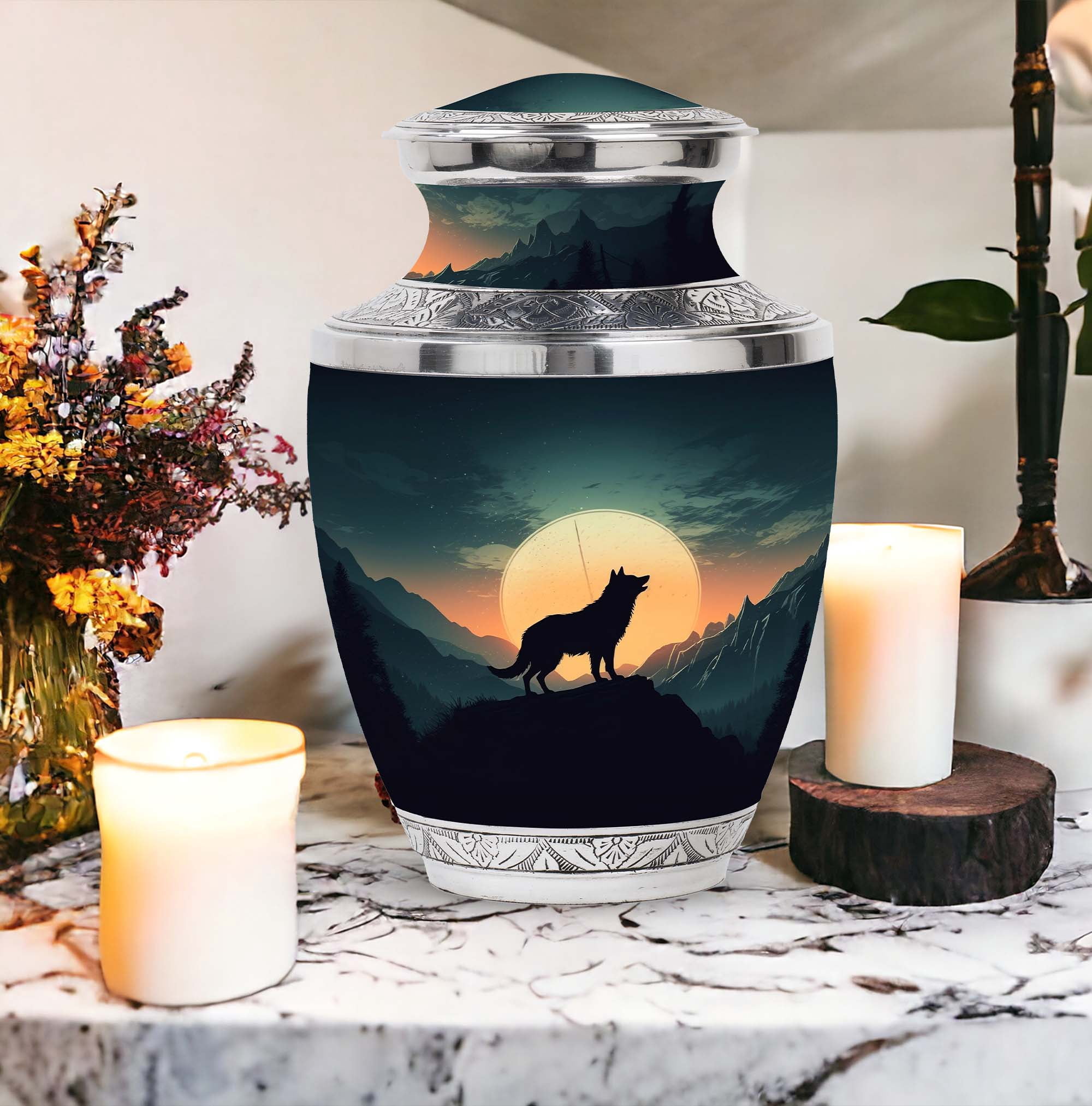 wolf-howling-moon-night-sky Noble Large Outdoor Urn for Human Ashes - Majestic Rest - Durable Tribute Funeral Urns For Human Ashes - Memorial Urns 10 Inch