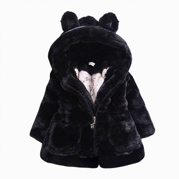 Staki Kids Girls Winter Warm Coats Jacket Clothes Outwear Overcoat Ear Hooded Faux Fur Thicken Fleece Toddler 12M-7Y(Black,5-6 Years)