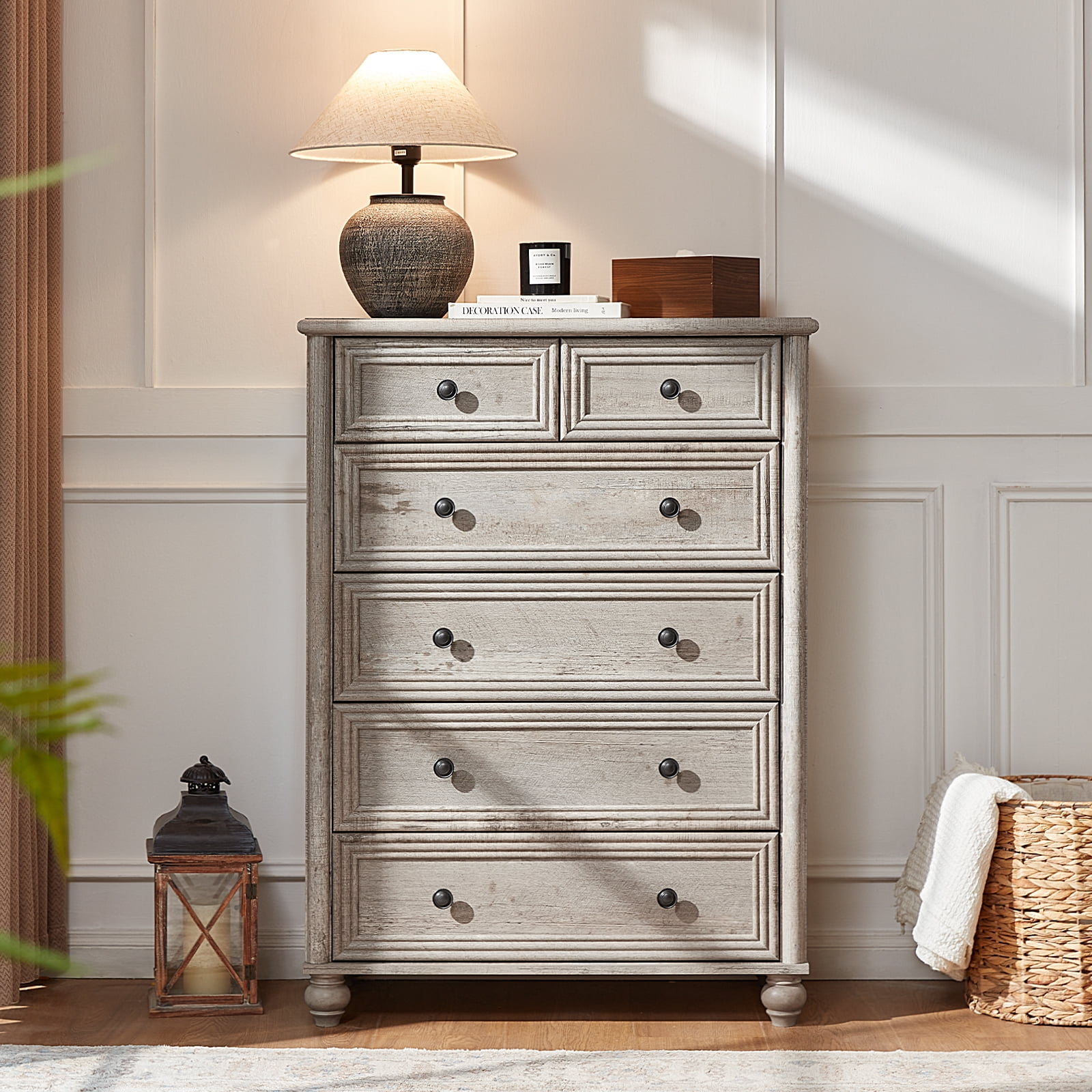 LELELINKY Farmhouse 6 Drawer Dresser, 43.5" Tall Chest of Drawers for Bedroom, Wood Storage Dressers Organizer for Living Room Hallway Closet, Grey
