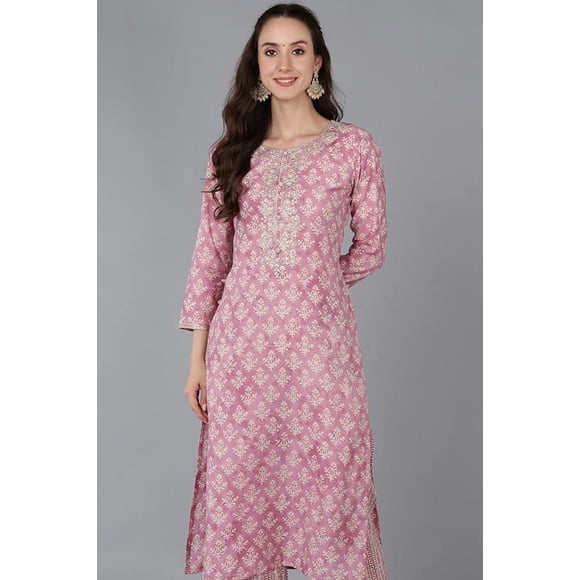 DWEEP SARA Pink Silk Blend Ethnic Motifs Embroidered Straight Kurta for Women, S/36