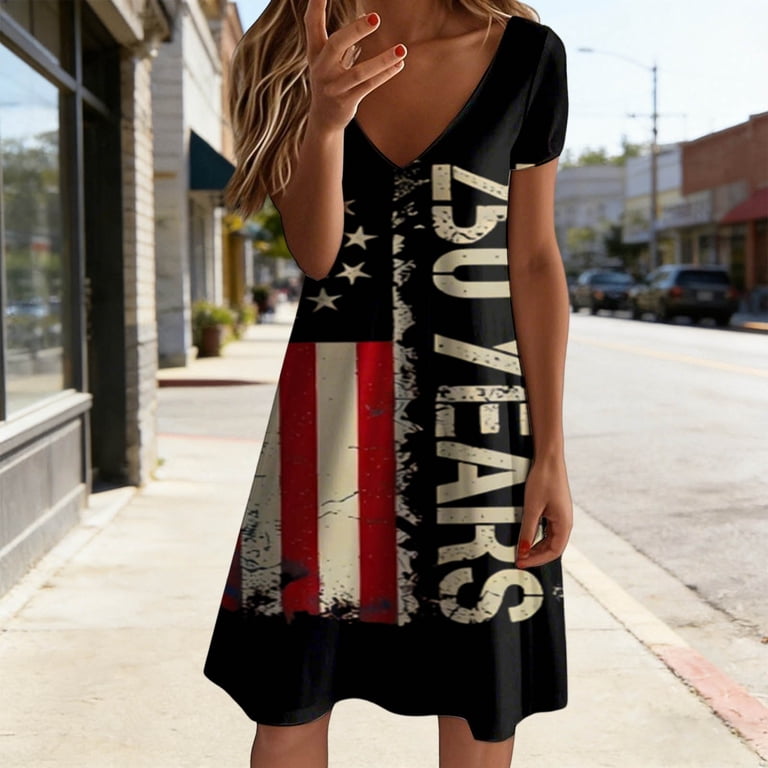 Laipiong Women's Patchwork American Flag Print Swing Dress Casual Short Sleeve V-Neck Midi Dress for 4th Of July Holiday Outfits