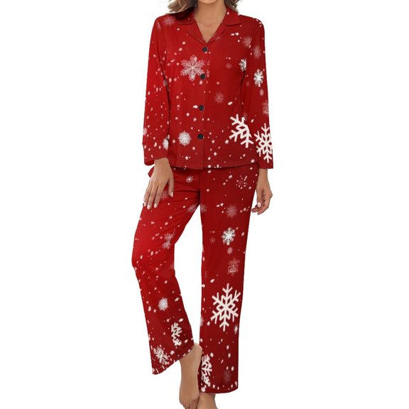 Elegant Red Christmas with Snowflake Women's Long Sleeve Flannel Pajama Set Sleepwear S