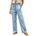 thumbnail image 2 of Cagogo Women's Straight Leg Trousers Elastic Waist Pants with Pockets Solid Casual Long Pants for Travel Vacation Lounge Work Wear Fall Outfits, Light Blue XL, 2 of 6