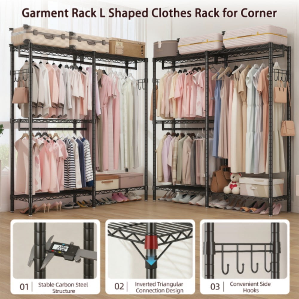 L-Shaped Garment Rack for Corner, Heavy Duty Clothes Rack with 5 Adjustable Shelves, 3 Hanging Rods & Side Hooks, Freestanding Clothing Organizer, Black