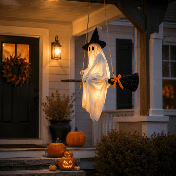 LIGHTED HANGING GHOST WITCH HALLOWEEN DECORATION 18.9 Inch Remote Control Hanging Ghost For Porch Tree Patio Or Ceiling Hook