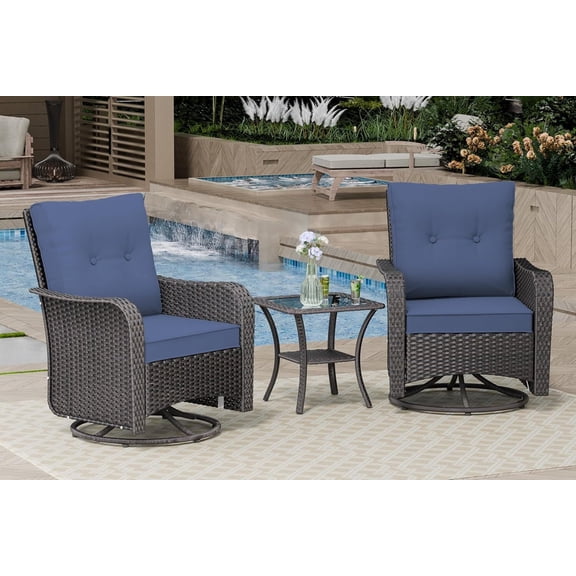 ASJMR 3PCS Patio Wicker Chairs Swivel Rocker with Coffee Table and Cushions, Outdoor Rattan Rocking Chairs for Porch Pool, Navy Blue
