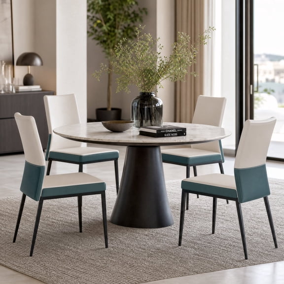 Manora Two-Tone Cream & Teal Faux Leather High Back Armless Dining Chairs, Set of 4 Black Metal Legs.