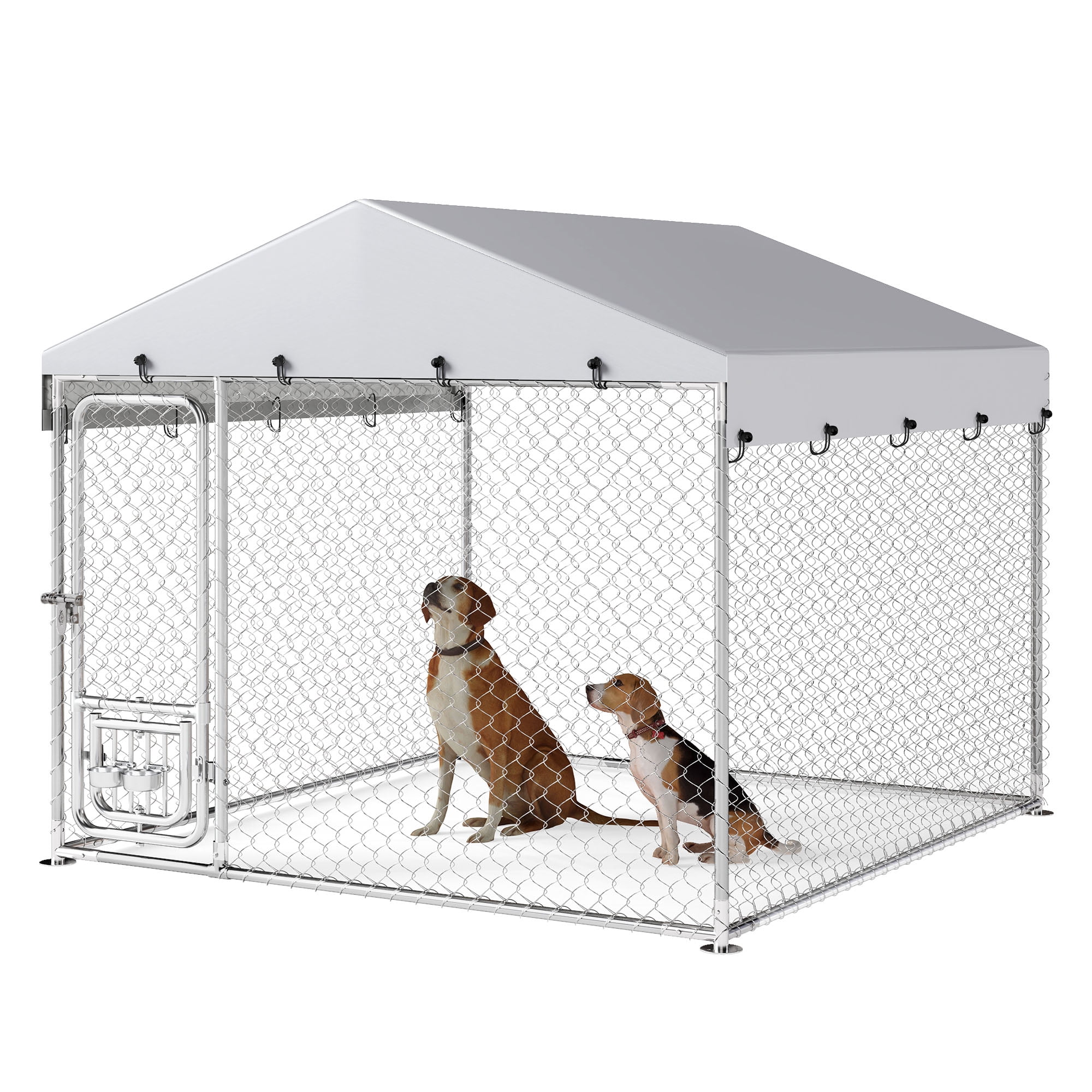 Dextrus 7.5'x7.5' Outdoor Dog Kennel, Outdoor Dog Enclosure with Rotating Feeder Bowls & Roof, Heavy Duty Dog Kennel for Backyard Farm