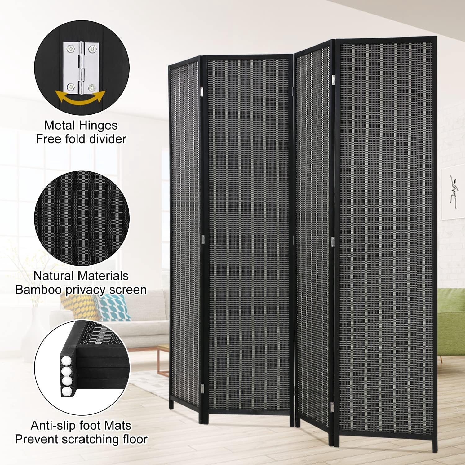 XF XINFENG Bamboo Room Dividers 4 Panel 72" Tall Folding Privacy Screen Partition Wall Divider for Living Room, No Assembly Needed, Black