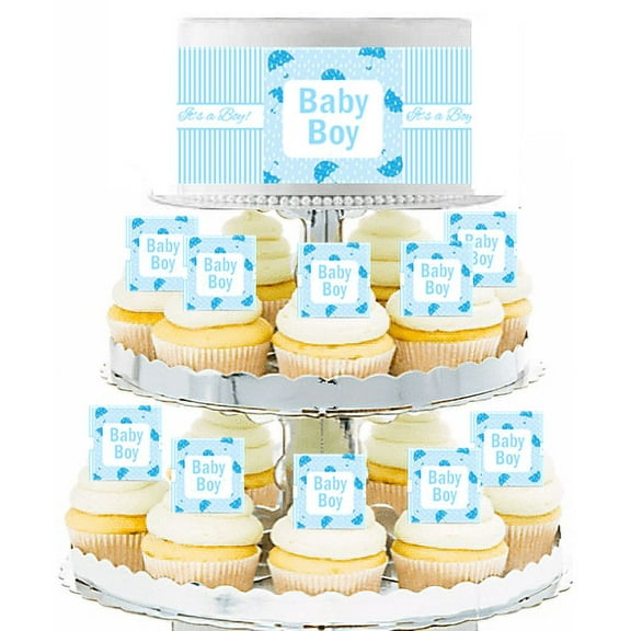 Baby Boy Umbrella Shower  Edible Photo Toppers  & Edible Cupcake Decoration Kit
