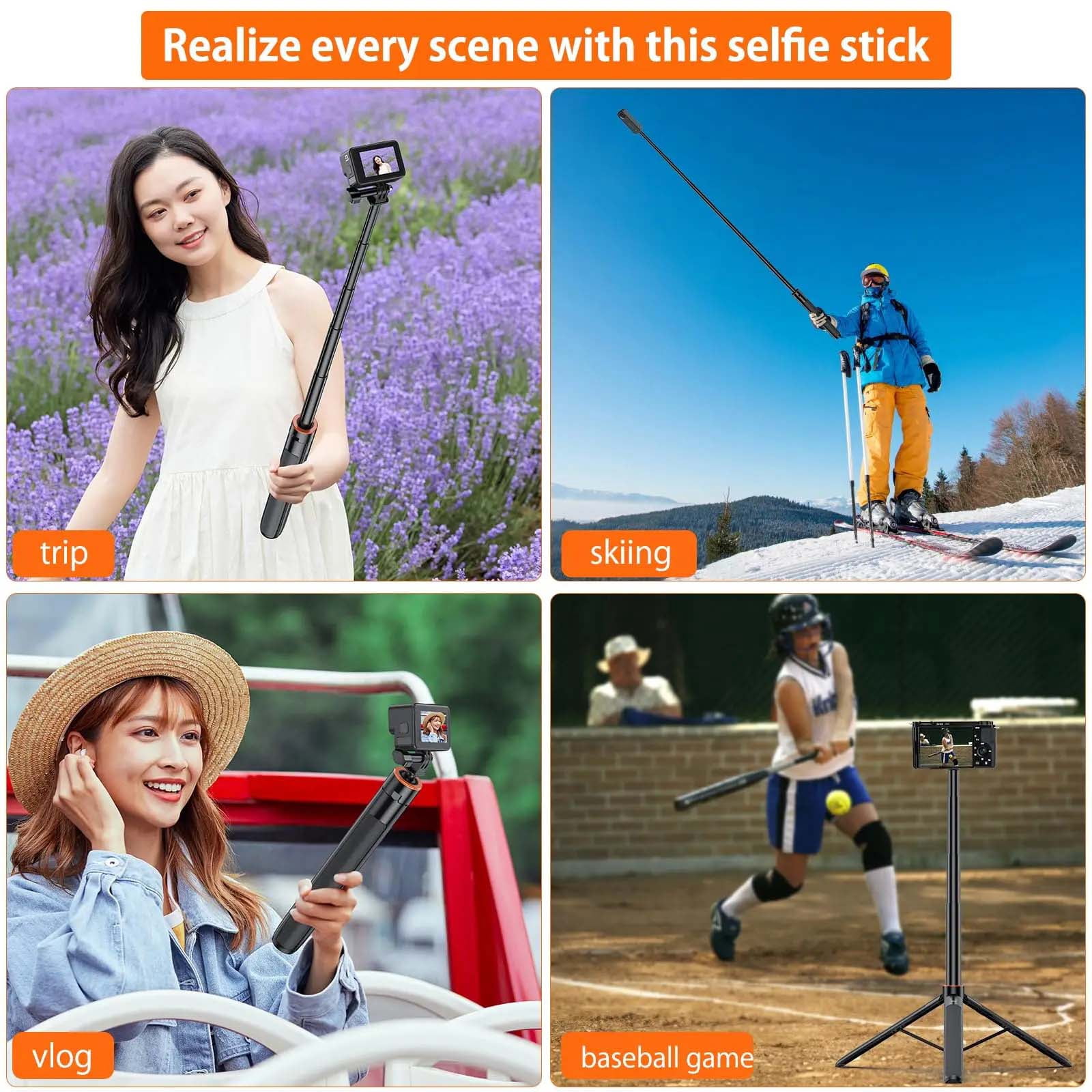 VRIG  TP-21 Mini Selfie Stick Handheld Tripod Stand for GoPro 12 11 10 9 Insta360 X4 Camera, With 1/4 inch Screw Design Maximum Height 136cm
