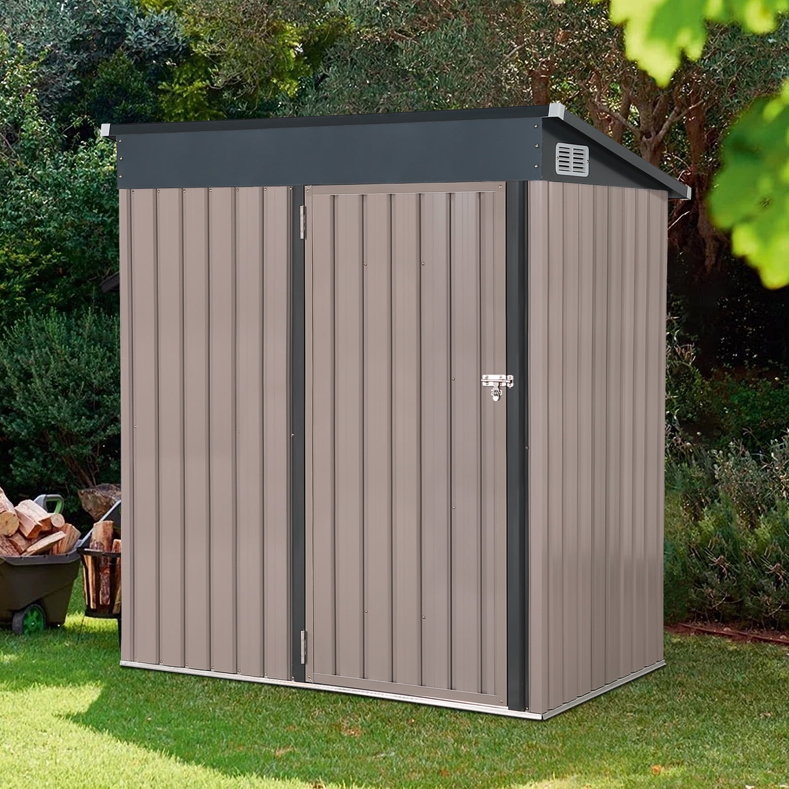 OC Orange-Casual 5' x 3' FT Outdoor Storage Shed, Metal Garden Tool Shed with Lockable Door, Outside Sheds & Storage Galvanized Steel, Brown