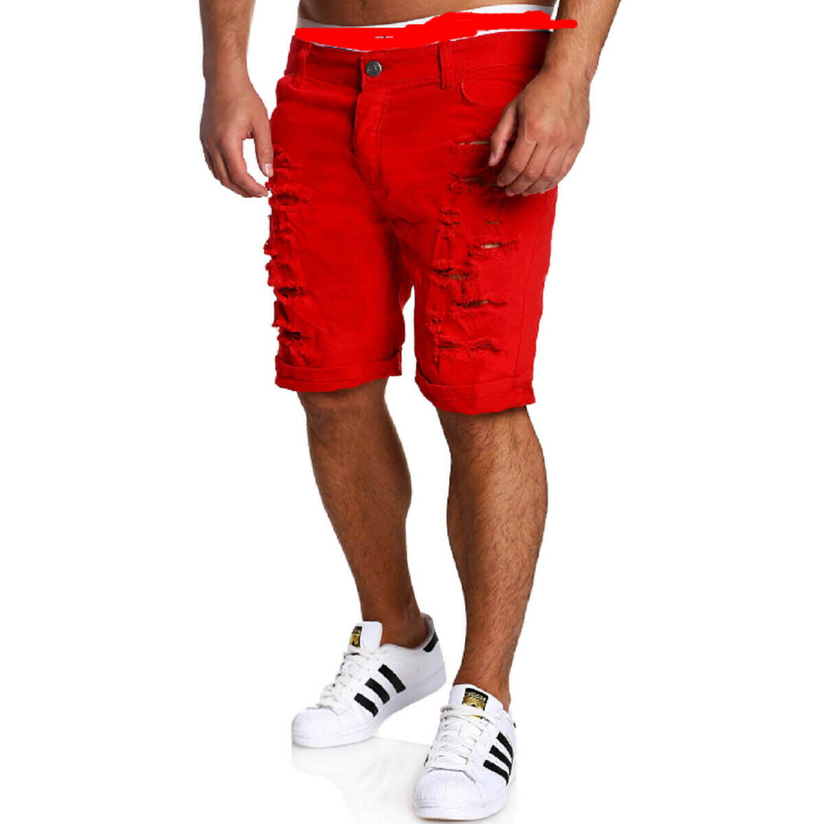 mens red jean shorts