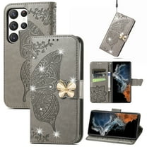 for Samsung Galaxy S25 Ultra Phone Case Wallet, Women Flip Folio Cover with Credit Card Holders Diamond Emboss Butterfly Flower PU Leather Purse Wrist Strap Kickstand Case for S25 Ultra, Gray