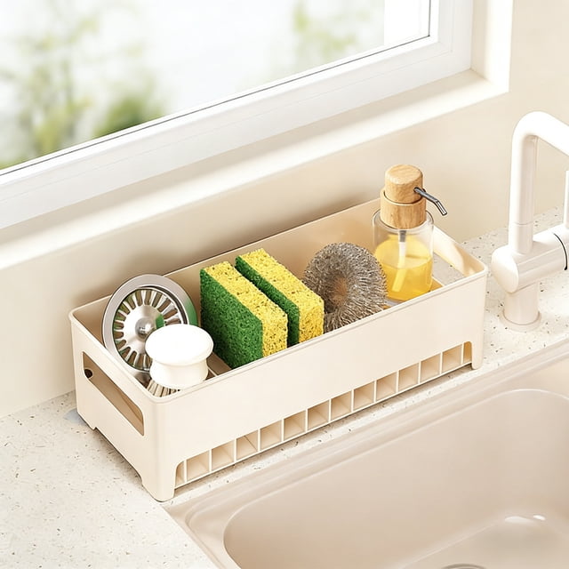 Esponja para fregadero de cocina y estante de almacenamiento con orificios de drenaje para cepillos, dispensador de jabón y productos de limpieza | Organizador de plástico blanco, gris o negro