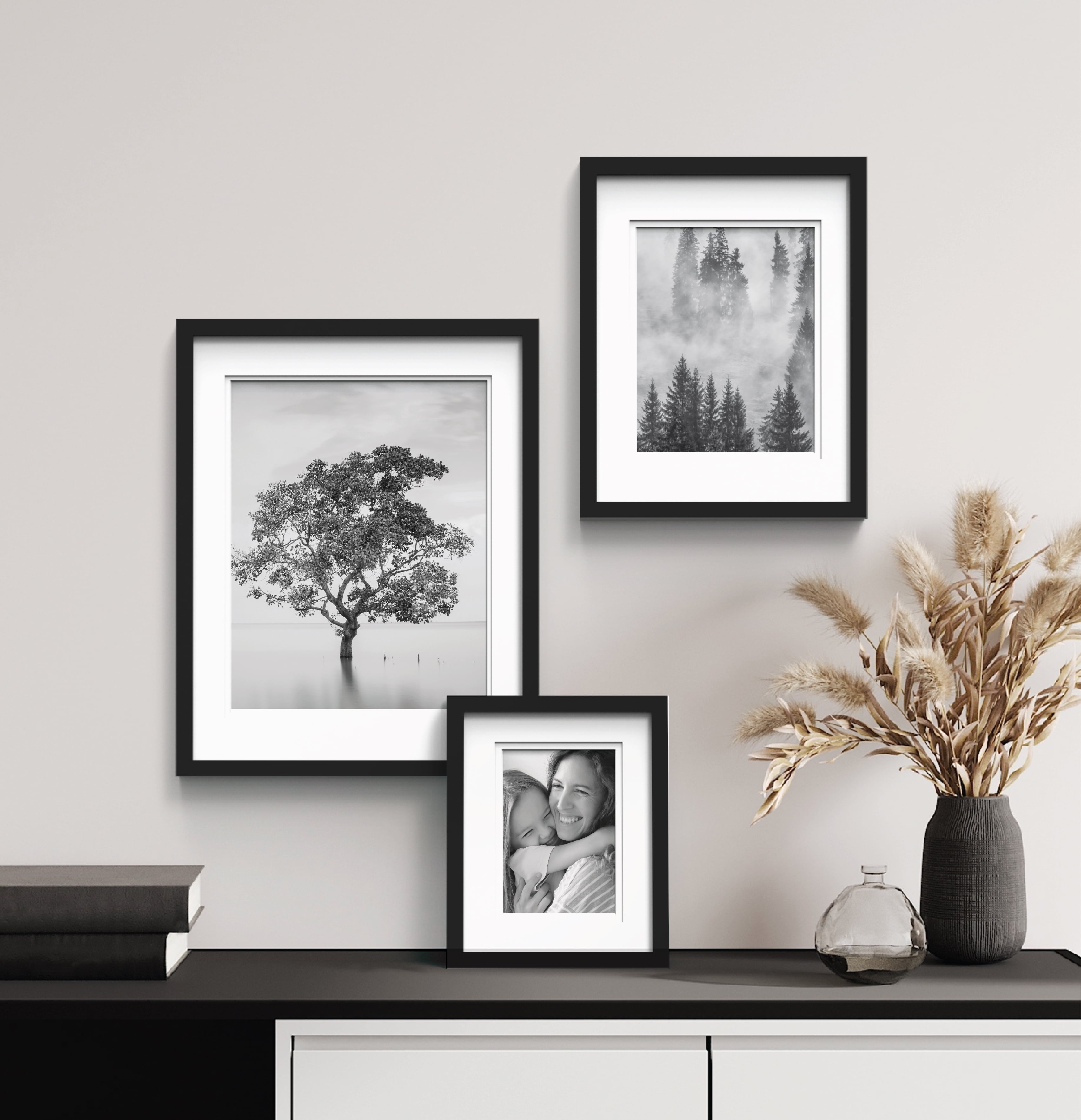 Gallery Solutions Black Picture Frame Double White Mat Airfloat Tabletop Wall Display 8" x 10" for 5" x 7" Photos 1-pack