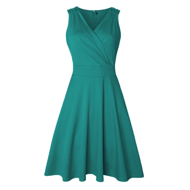 Qarigey Vestido plisado con cuello en V para mujer, vestido veraniego, fecha de baile, accesorios de ropa de verano Vestidos Verde M Qarigey AP010963-17