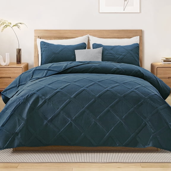 Exclusivo Mezcla Ultrasonic Twin Quilt Set, 2-Piece Lightweight Bedspreads Modern Striped Coverlet, Navy Blue