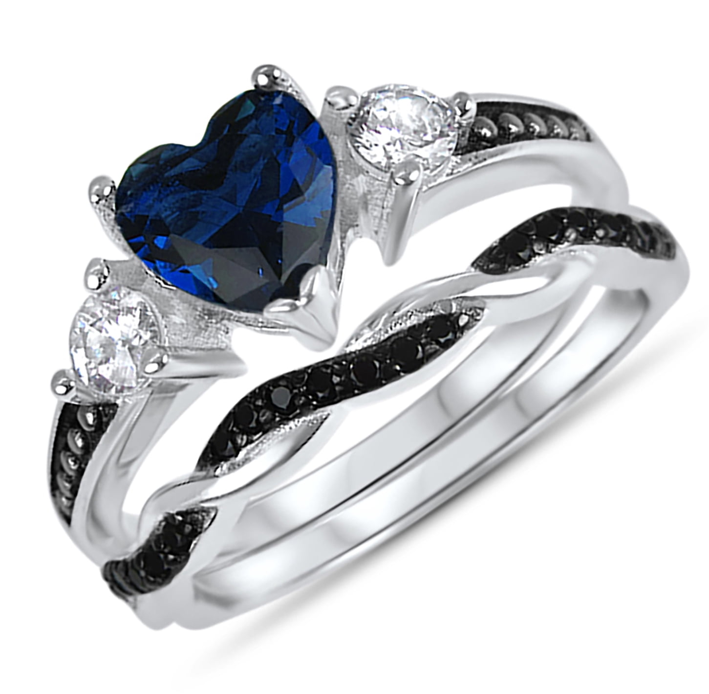 LaRaso & Co 1 Carat Heart Cut Blue Sapphire CZ Wedding Engagement Ring Set for Women Size 5