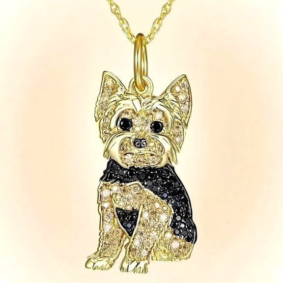 DESIGNICE Cute Royal Yorkie Sparkling Rhinestone Pet Pendant Necklace Lucky Dog Golden