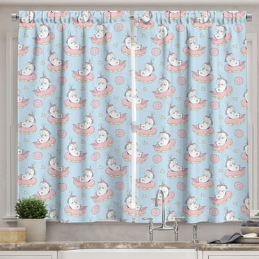 Ambesonne Unicorn Party Kitchen Curtains, Animals Doughnuts, 55"x39", Pale Pink Pale Blue