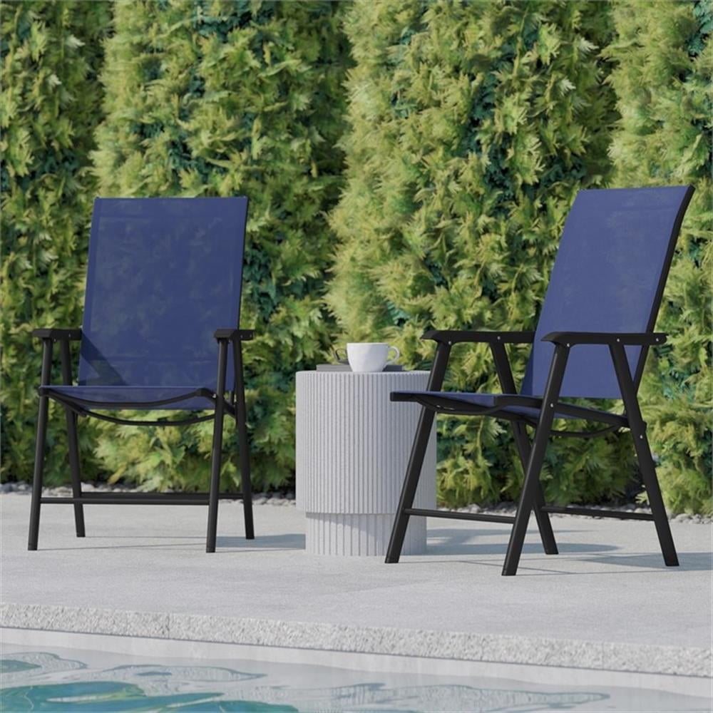 Bowery Hill Metal Folding Patio Sling Chair in Navy (Set of2)