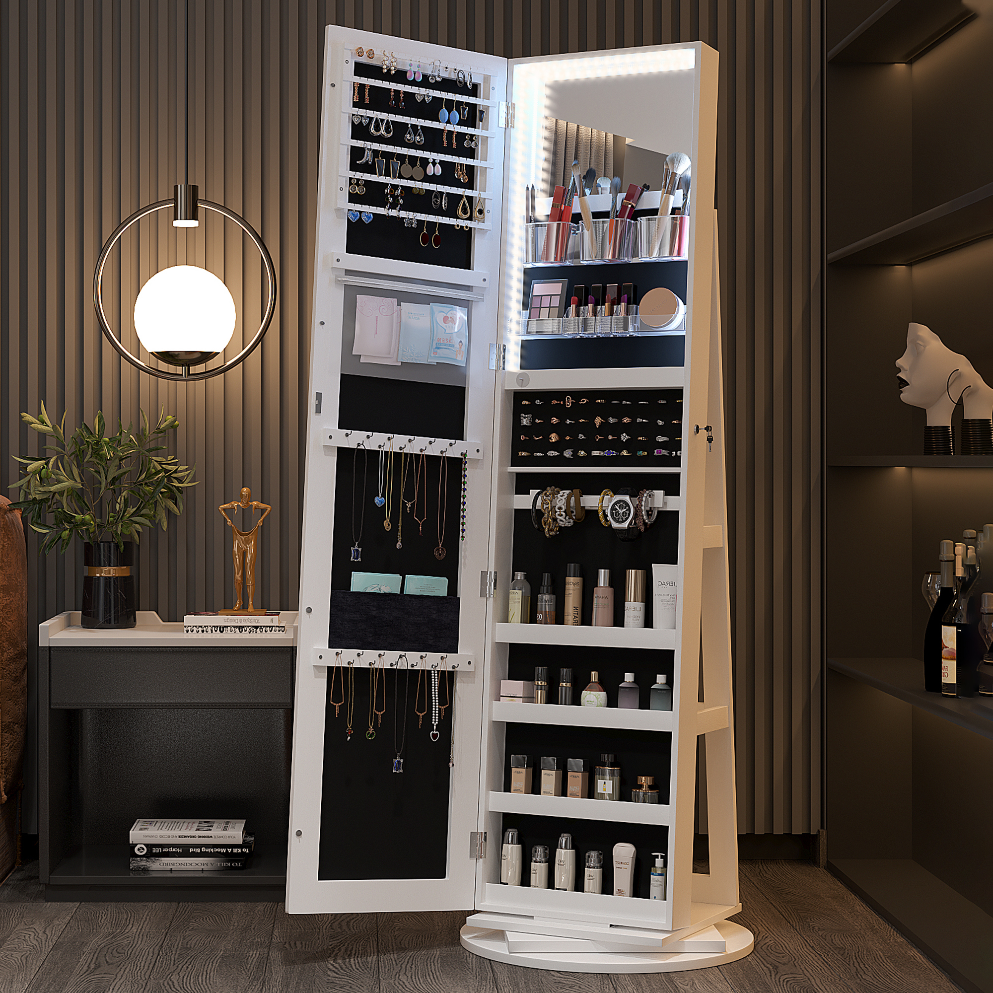 Armoire à Bijoux Avec Miroir LED Rotatif 360° - 3 étagères, 3 Crochets, Verrouillable, Bois Naturel, Pour Chambre Ou Salon