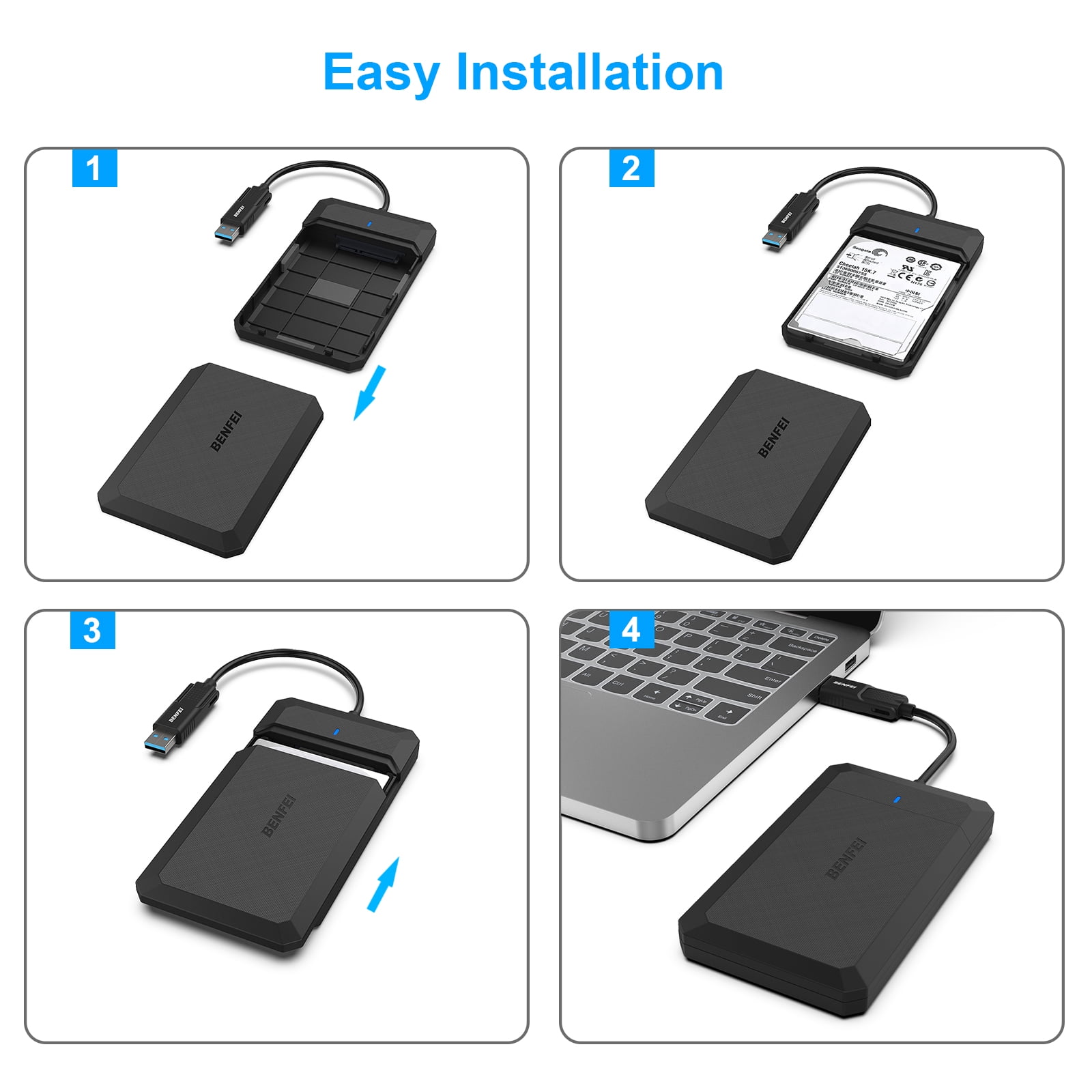 BENFEI 2.5 inch SATA to USB tool free external hard drive enclosure, USB C/A to Sata compatible for 2.5” SSD(optimized for SSD, support UASP SATA III)