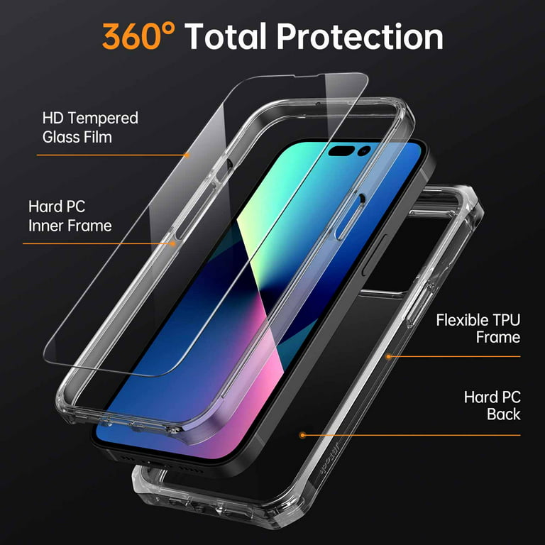 JETech Case for iPhone 14 Pro Max 6.7-Inch with 2-Pack Tempered Glass  Screen Protector, 360 Full Body Shockproof Bumper Phone Cover Protective  Clear Back (Clear) 