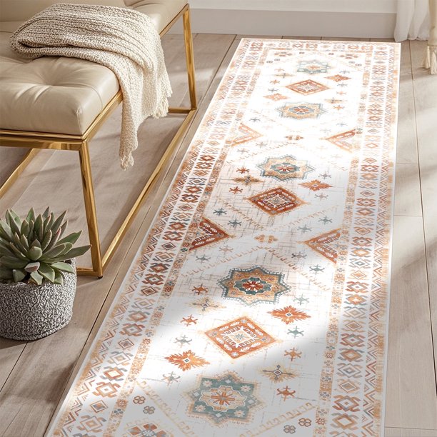 MeyJey Alfombra Vintage Oriental de 2'x8' para Pasillos, Alfombra Antideslizante Lavable a Máquina para Recámara/sala/comedor/cuarto de Lavado, Beige/naranja